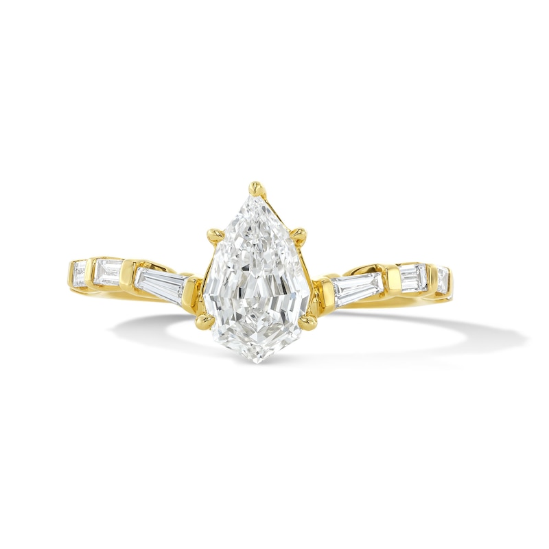 Main Image 1 of 1-1/3 CT.T.W. Step-Cut Pear-Shaped Certified Lab-Grown Diamond Engagement Ring in 14K Gold (F/VS2)