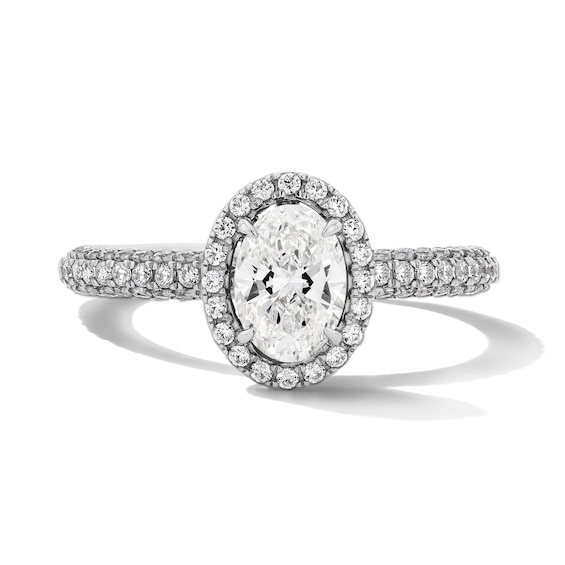 Grand Firework 1-1/2 CT. T.w. Oval Certified Lab-Grown Diamond Frame Engagement Ring in 14K White Gold (F/Vs2)