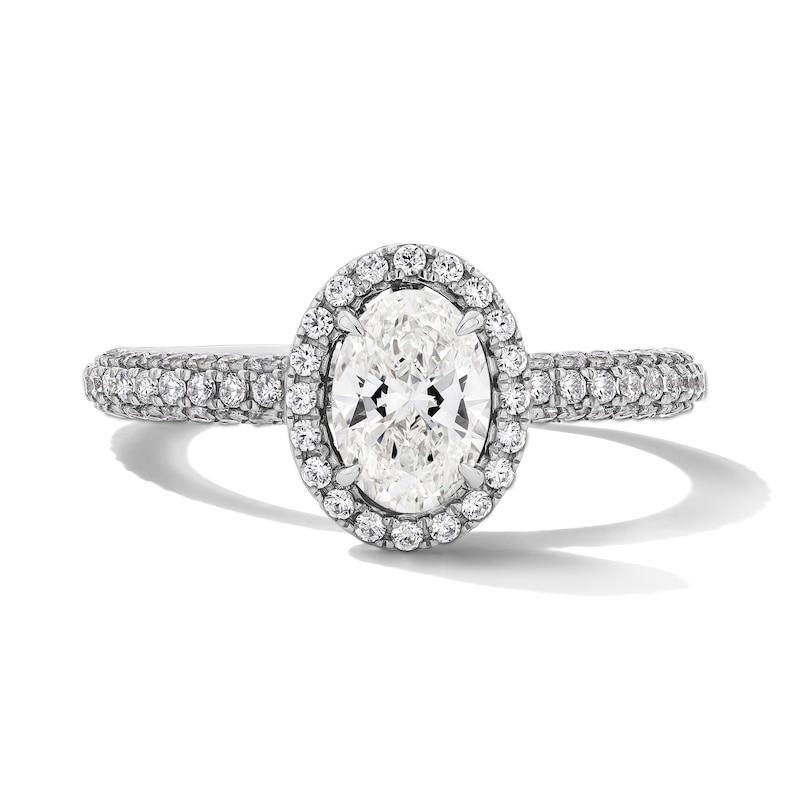 Main Image 1 of Grand Firework 1-1/2 CT. T.W. Oval Certified Lab-Grown Diamond Frame Engagement Ring in 14K White Gold (F/VS2)