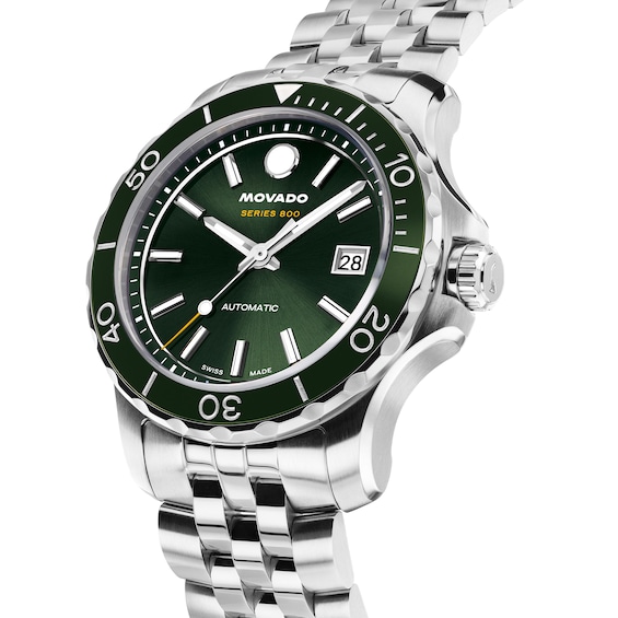 Men's Movado Series 800 Stainless Steel Watch with Green Dial (Model: 2600198)