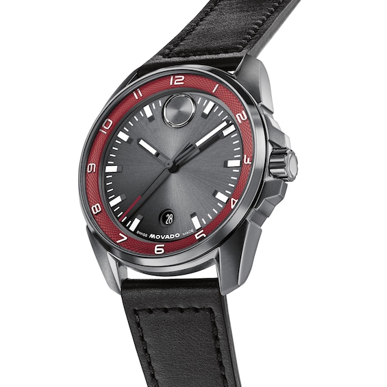 Men's Movado Bold Verso S Gray IP Stainless Steel Watch with Gray Dial and Black Leather Strap (Model: 3601388)