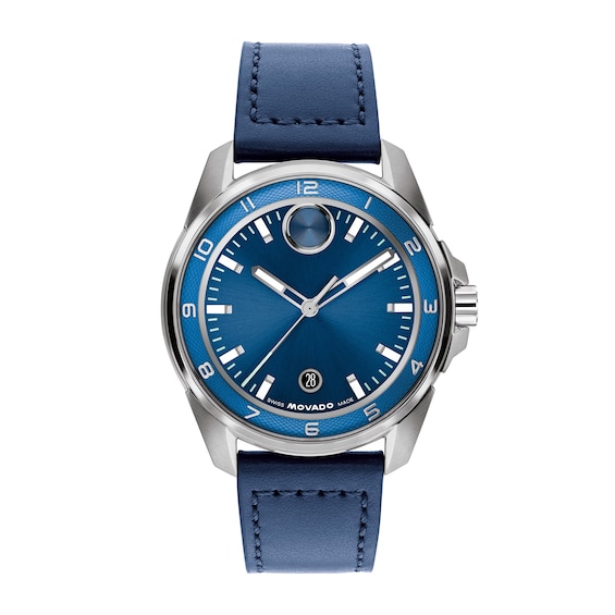 Men's Movado Bold Verso S Stainless Steel Watch with Blue Dial and Blue Leather Strap (Model: 3601389)