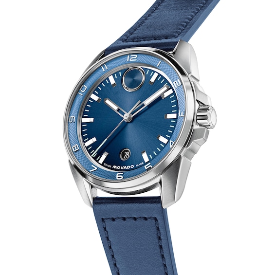 Men's Movado Bold Verso S Stainless Steel Watch with Blue Dial and Blue Leather Strap (Model: 3601389)