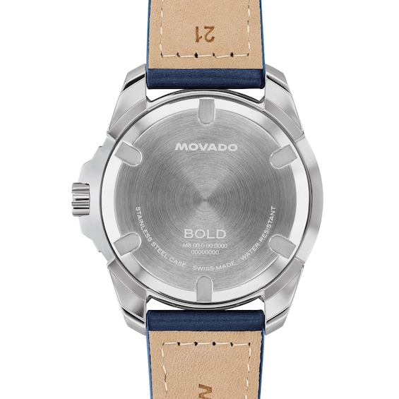 Men's Movado Bold Verso S Stainless Steel Watch with Blue Dial and Blue Leather Strap (Model: 3601389)