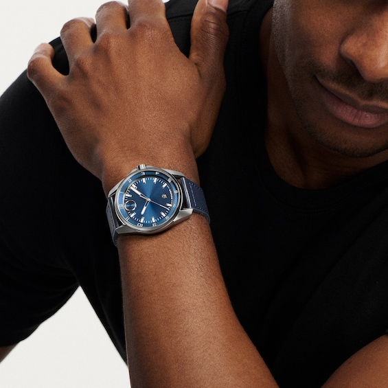 Men's Movado Bold Verso S Stainless Steel Watch with Blue Dial and Blue Leather Strap (Model: 3601389)
