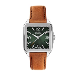 Men's Movado Heritage 1917 Stainless Steel Watch with Green Dial and Brown Leather Strap (Model: 3650253)