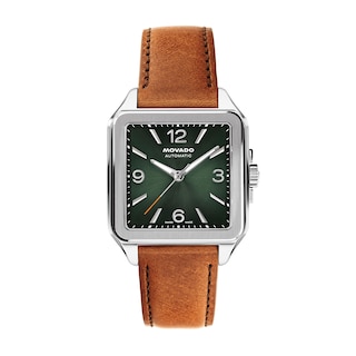 Men's Movado Heritage 1917 Stainless Steel Watch with Green Dial and Brown Leather Strap (Model: 3650253)