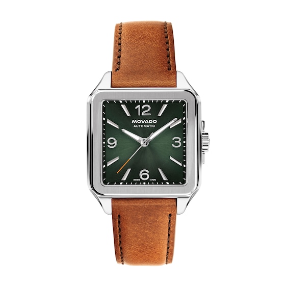 Men's Movado Heritage 1917 Stainless Steel Watch with Green Dial and Brown Leather Strap (Model: 3650253)