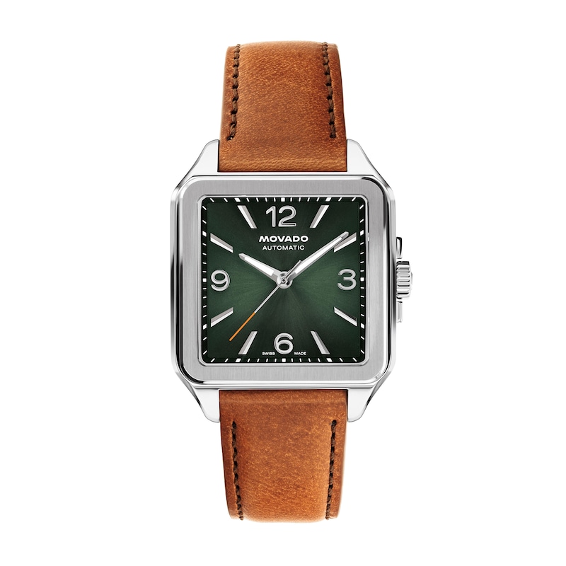 Main Image 1 of Men's Movado Heritage 1917 Stainless Steel Watch with Green Dial and Brown Leather Strap (Model: 3650253)