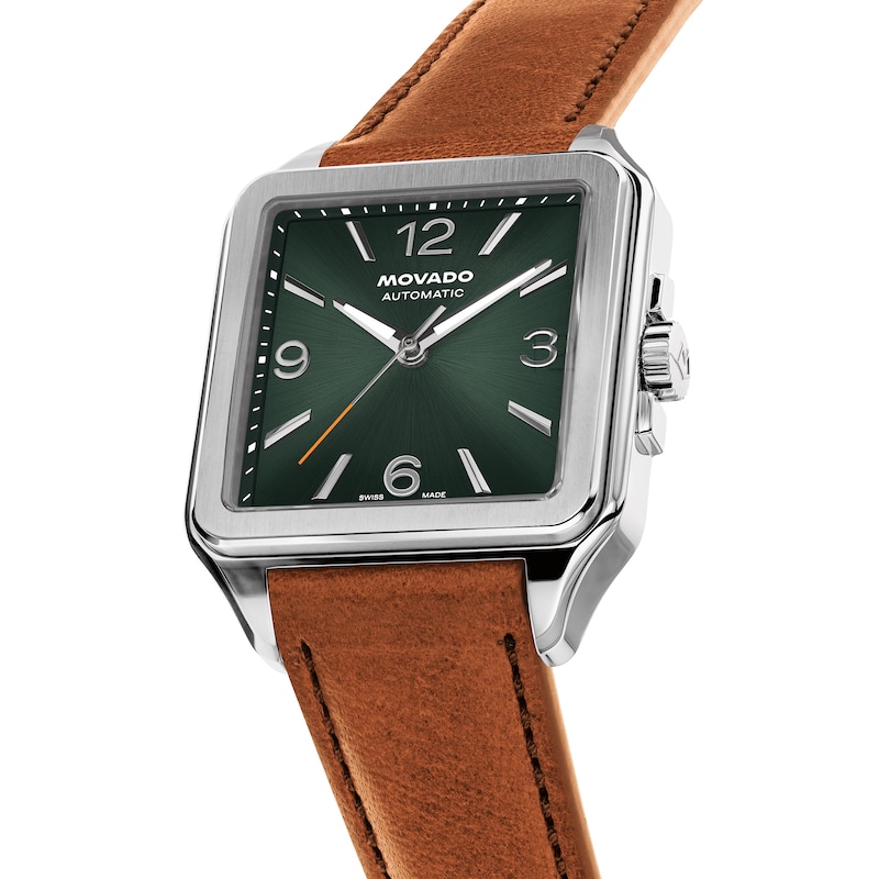Main Image 2 of Men's Movado Heritage 1917 Stainless Steel Watch with Green Dial and Brown Leather Strap (Model: 3650253)