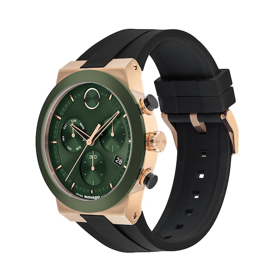Men's Movado Bold® Fusion Chronograph Watch with Green Dial and Silicone Strap (Model: 3601333)