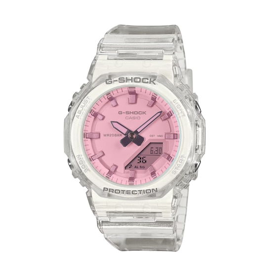 Ladies' Casio G-Shock Stainless Steel Analog-Digital Watch with Pink Dial and Clear Strap (Model: GMAP2100SR7A)