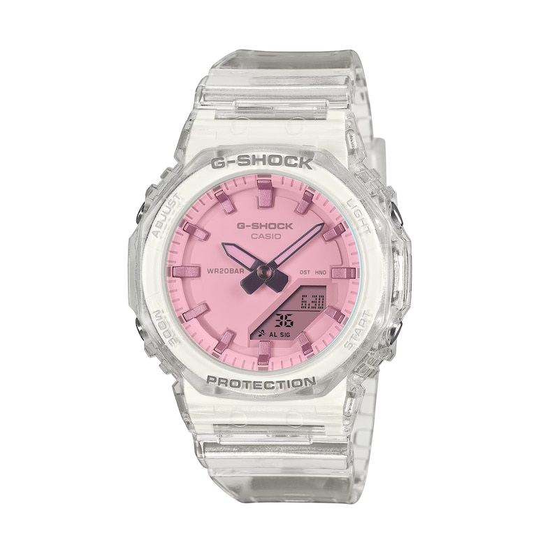 Main Image 1 of Ladies' Casio G-Shock Stainless Steel Analog-Digital Watch with Pink Dial and Clear Strap (Model: GMAP2100SR7A)