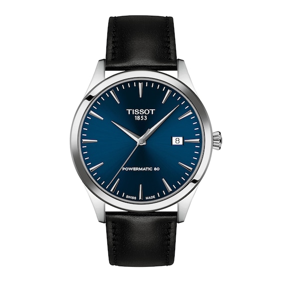 Men's Tissot Classic Dream Automatic Stainless Steel Watch with Blue Dial and Black Leather Strap (Model: T1584071604100)