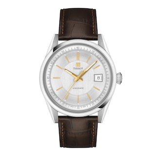 Tissot Visodate Stainless Steel Watch with Silver-Tone Dial and Brown Leather Strap (Model: T1574071603100)
