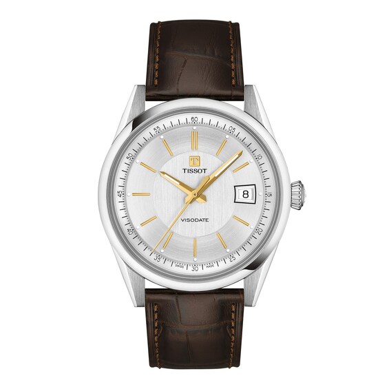 Tissot Visodate Stainless Steel Watch with Silver-Tone Dial and Brown Leather Strap (Model: T1574071603100)