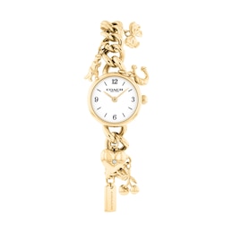 Ladies' Coach Iris Gold-Tone IP Stainless Steel Charm Watch with White Dial and Crystal Accents (Model: 14504648)
