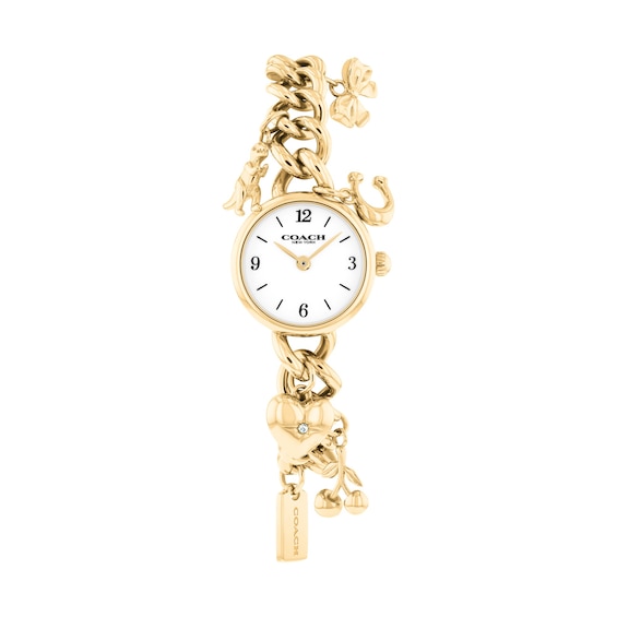 Ladies' Coach Iris Gold-Tone IP Stainless Steel Charm Watch with White Dial and Crystal Accents (Model: 14504648)
