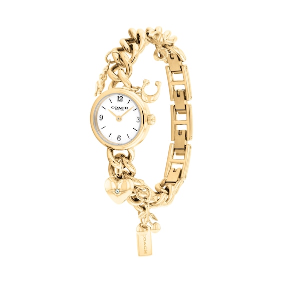 Ladies' Coach Iris Gold-Tone IP Stainless Steel Charm Watch with White Dial and Crystal Accents (Model: 14504648)