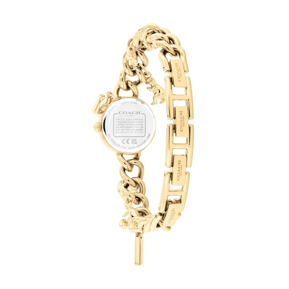 Ladies' Coach Iris Gold-Tone IP Stainless Steel Charm Watch with White Dial and Crystal Accents (Model: 14504648)