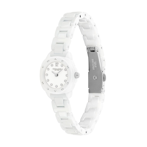 Ladies' Coach Kitt Stainless Steel and White Ceramic Watch with Crystal Accents (Model: 14504662)