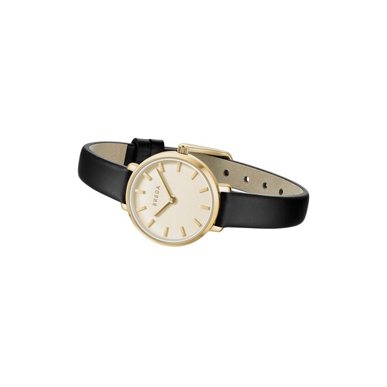 Ladies' Breda Beverly Analog Watch with Gold-Tone Dial and Black Leather Strap (Model: 1730m)