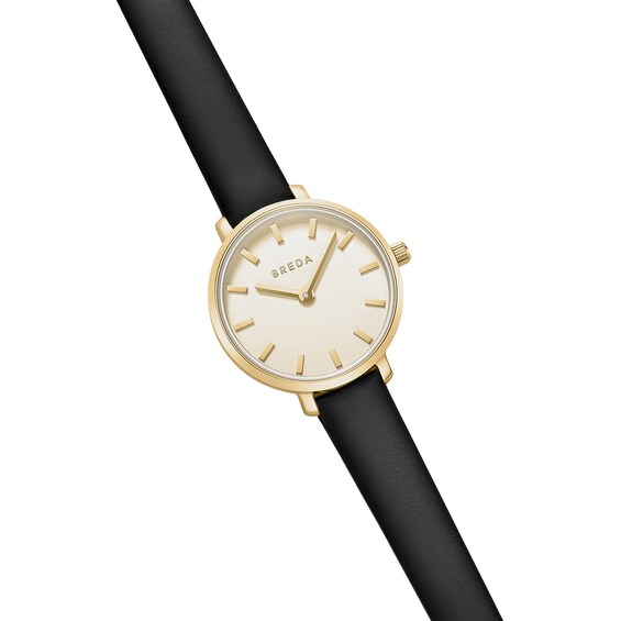 Ladies' Breda Beverly Analog Watch with Gold-Tone Dial and Black Leather Strap (Model: 1730m)