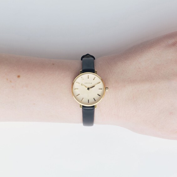 Ladies' Breda Beverly Analog Watch with Gold-Tone Dial and Black Leather Strap (Model: 1730m)