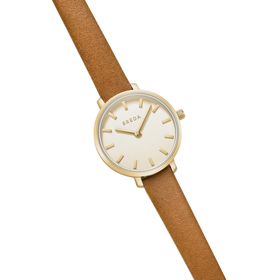 Ladies' Breda Beverly Analog Watch with Gold-Tone Dial and Brown Leather Strap (Model: 1730n)