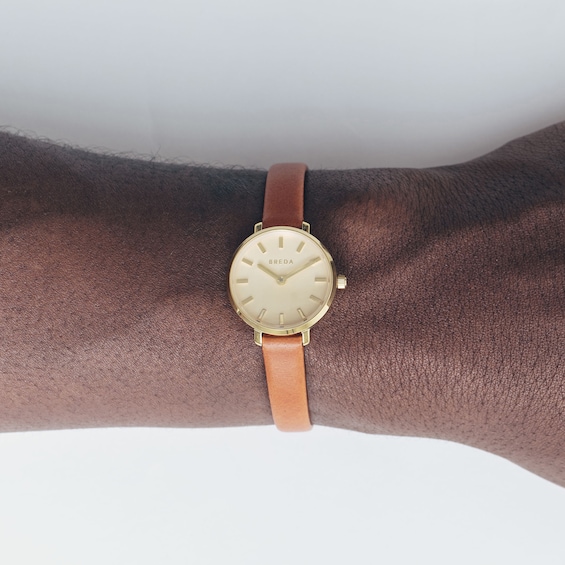 Ladies' Breda Beverly Analog Watch with Gold-Tone Dial and Brown Leather Strap (Model: 1730n)