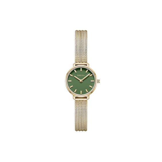 Ladies' Breda Beverly Analog Watch with Green Dial and 18K Gold-Plated Mesh Bracelet (Model: 1760c)