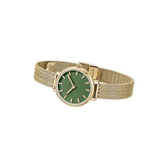 Ladies' Breda Beverly Analog Watch with Green Dial and 18K Gold-Plated Mesh Bracelet (Model: 1760c)