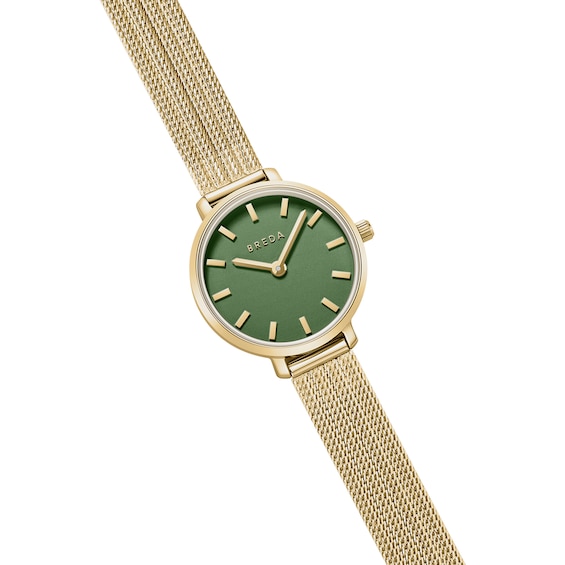 Ladies' Breda Beverly Analog Watch with Green Dial and 18K Gold-Plated Mesh Bracelet (Model: 1760c)
