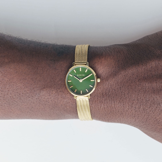 Ladies' Breda Beverly Analog Watch with Green Dial and 18K Gold-Plated Mesh Bracelet (Model: 1760c)