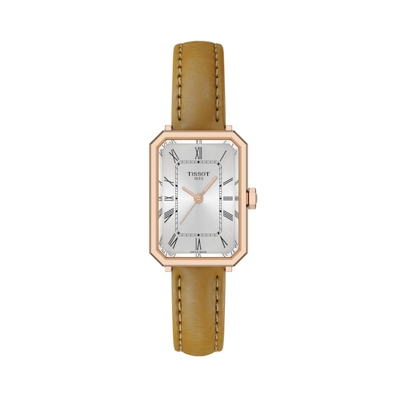 Ladies' Tissot SRV Rose-Tone PVD Stainless Steel Watch with Silver-Tone Dial and Leather Strap (Model: T1601103603300)