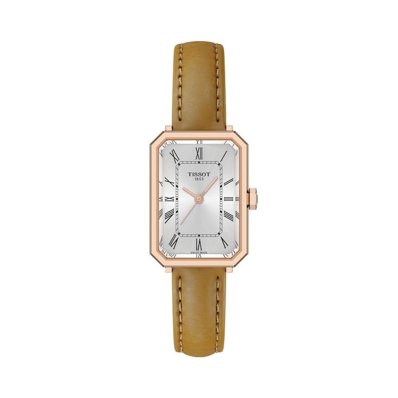 Main Image 1 of Ladies' Tissot SRV Rose-Tone PVD Stainless Steel Watch with Silver-Tone Dial and Leather Strap (Model: T1601103603300)
