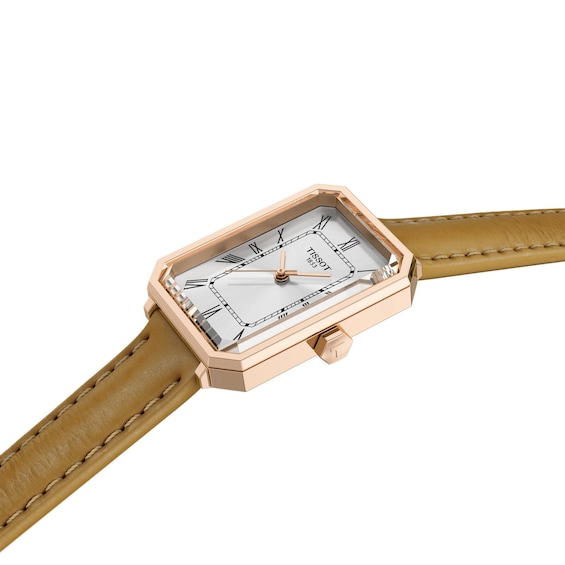 Ladies' Tissot SRV Rose-Tone PVD Stainless Steel Watch with Silver-Tone Dial and Leather Strap (Model: T1601103603300)