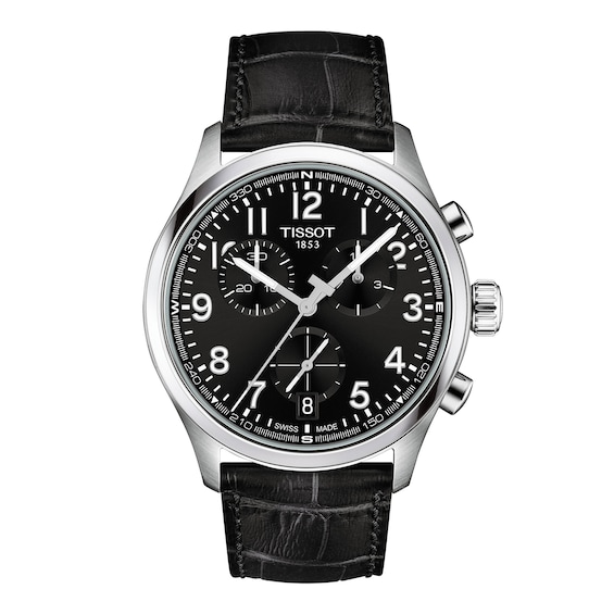 Men's Tissot Chrono L Stainless Steel Watch with Black Dial and Leather Strap (Model: T1164171605200)