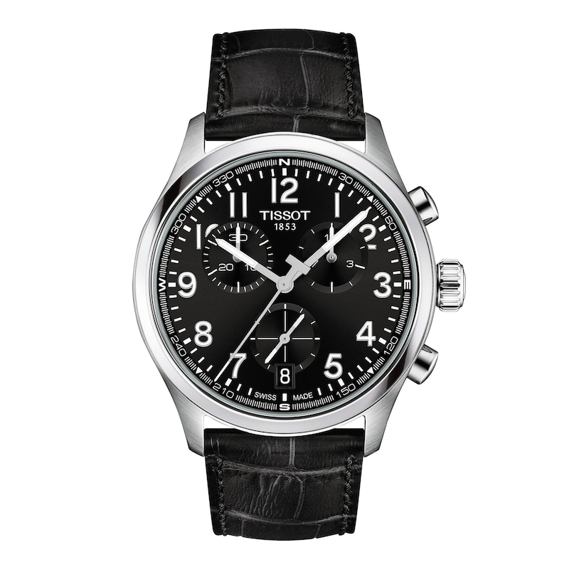Main Image 1 of Men's Tissot Chrono L Stainless Steel Watch with Black Dial and Leather Strap (Model: T1164171605200)