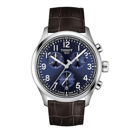 Men's Tissot Chrono L Stainless Steel Watch with Blue Dial and Brown Leather Strap (Model: T1164171604200)