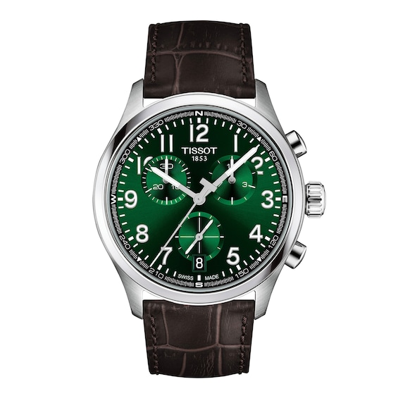 Men's Tissot Chrono L Stainless Steel Watch with Green Dial and Brown Leather Strap (Model: T1164171609200)