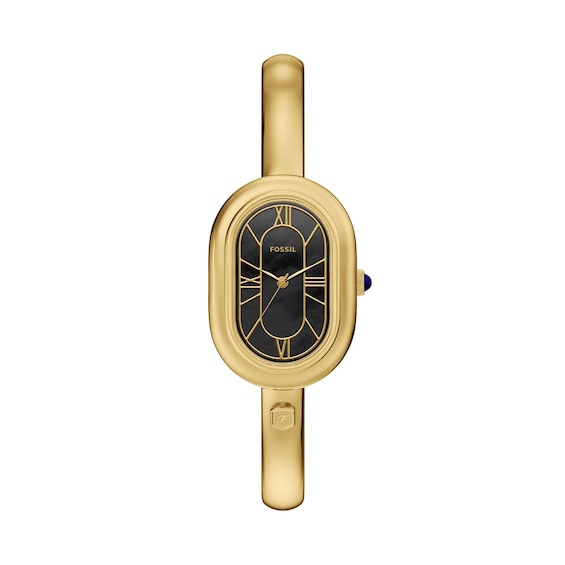 Ladies' Fossil Sloan Gold-Tone Stainless Steel Bangle Watch with Black Mother-of-Pearl Dial (Model: Es5456)