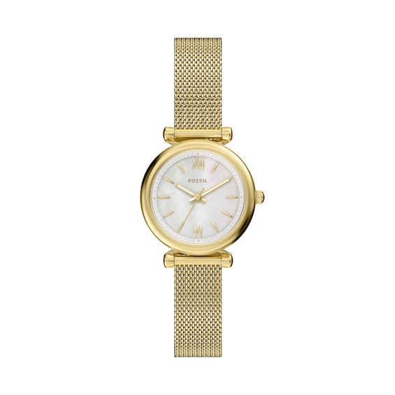 Ladies' Fossil Carlie Gold-Tone Stainless Steel Watch with White Mother-of-Pearl Dial (Model: Es5462)