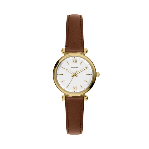 Ladies' Fossil Carlie Gold-Tone Stainless Steel Watch with White Dial and Brown Leather Strap (Model: Es5464)