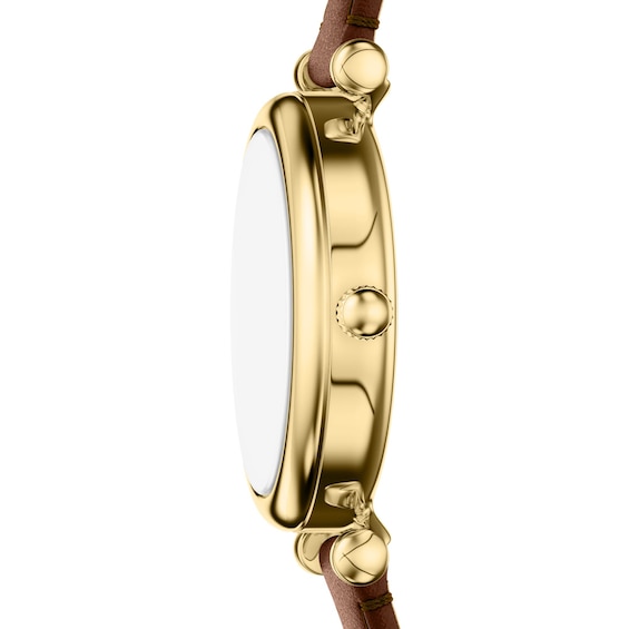 Ladies' Fossil Carlie Gold-Tone Stainless Steel Watch with White Dial and Brown Leather Strap (Model: Es5464)