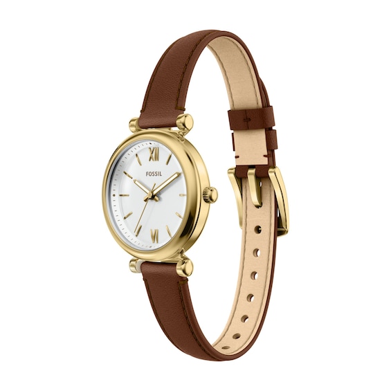 Ladies' Fossil Carlie Gold-Tone Stainless Steel Watch with White Dial and Brown Leather Strap (Model: Es5464)