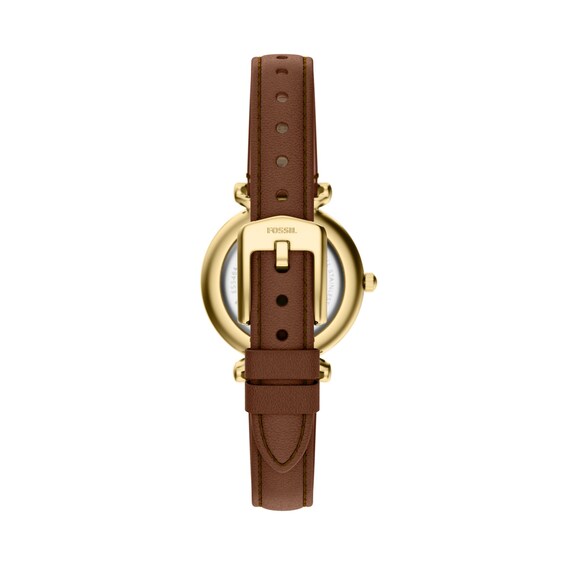 Ladies' Fossil Carlie Gold-Tone Stainless Steel Watch with White Dial and Brown Leather Strap (Model: Es5464)