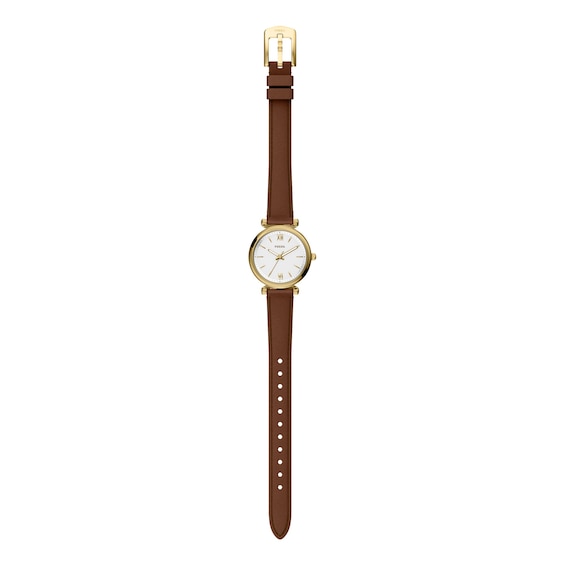 Ladies' Fossil Carlie Gold-Tone Stainless Steel Watch with White Dial and Brown Leather Strap (Model: Es5464)