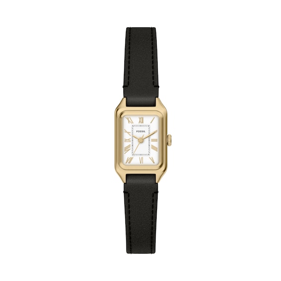 Ladies' Fossil Raquel Mini Gold-Tone Stainless Steel Watch with White Dial and Black Leather Strap (Model: Es5470)