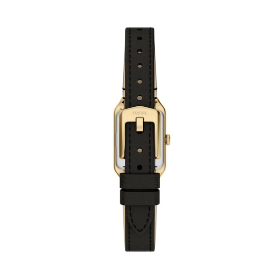 Ladies' Fossil Raquel Mini Gold-Tone Stainless Steel Watch with White Dial and Black Leather Strap (Model: Es5470)